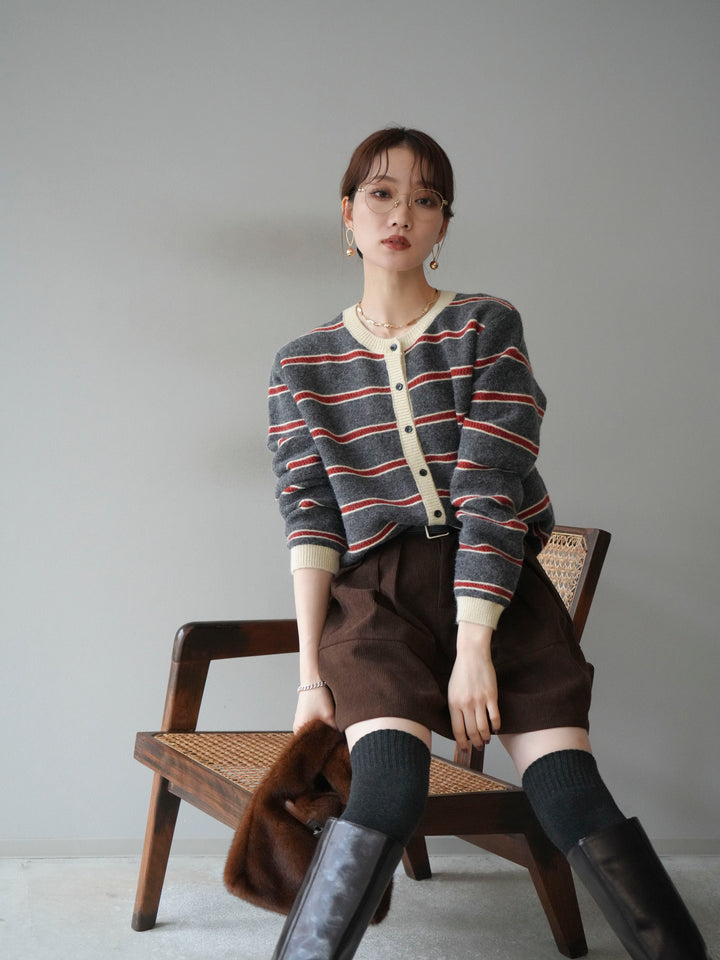 [予約]配色ボーダーニットカーディガン/gray