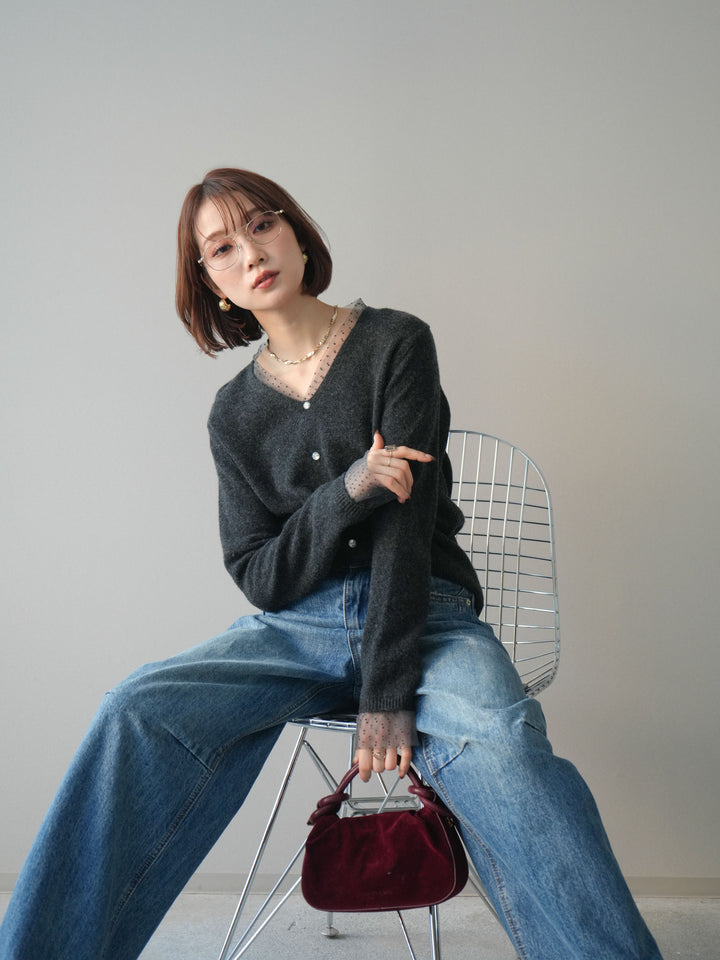 [SET]ドットチュールレイヤードボタンニットトップス+選べるアクセセット(2set)