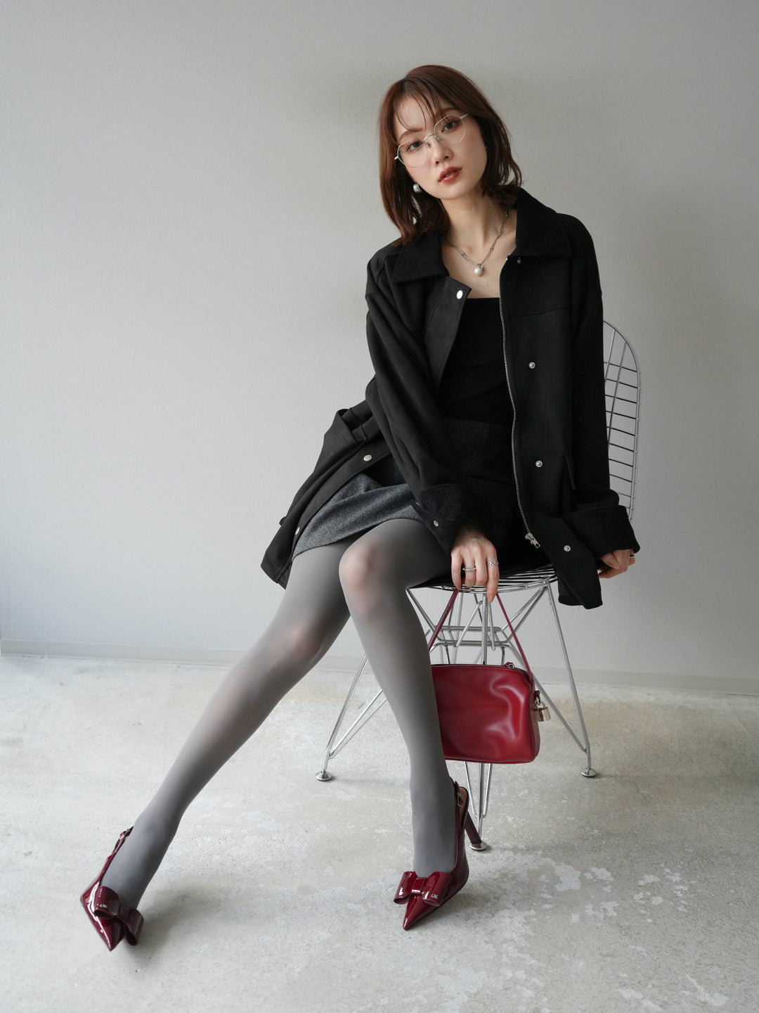 [予約]コーデュロイ襟スウェードミドルジャケット /ブラック