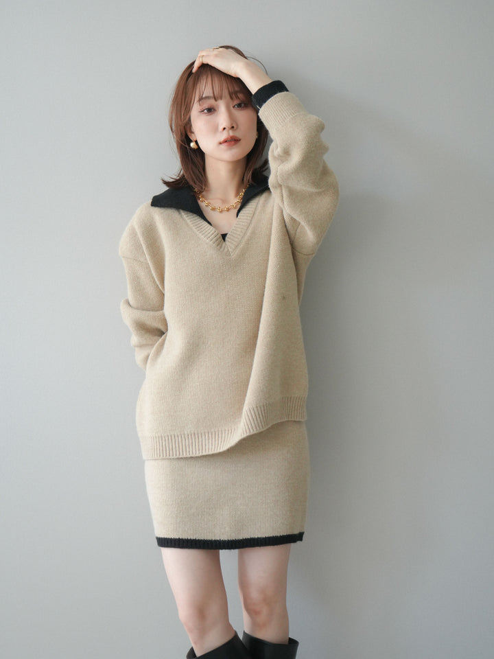 [SET]配色襟ニット＆ミニスカートSET UP+配色襟ニット＆ミニスカートSET UP(2set)