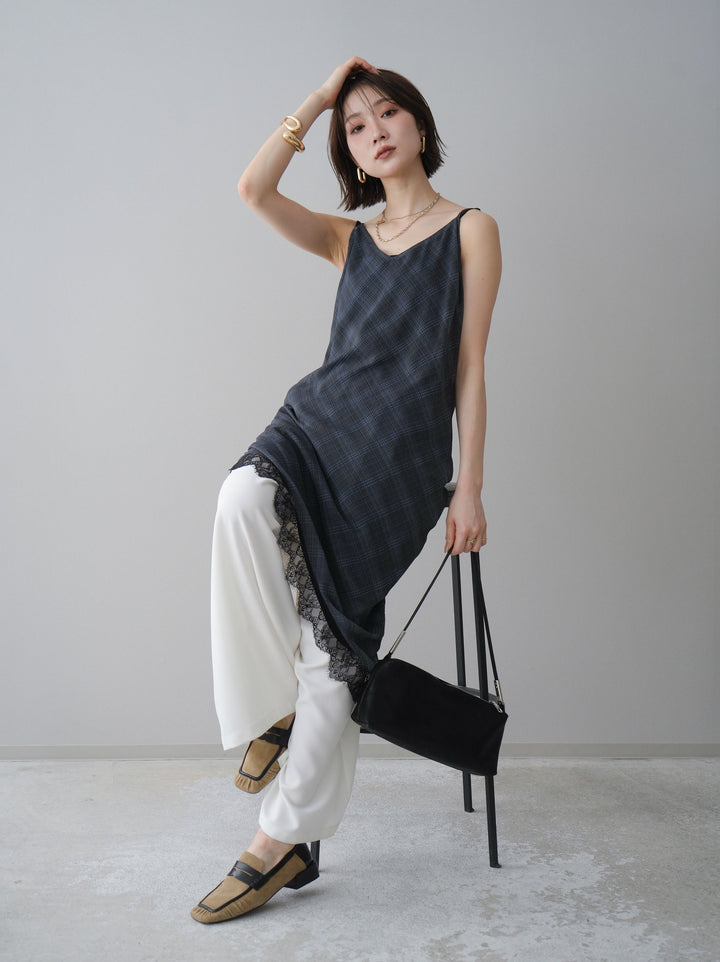 [予約]アシンメトリーチェック柄レースキャミソール/black