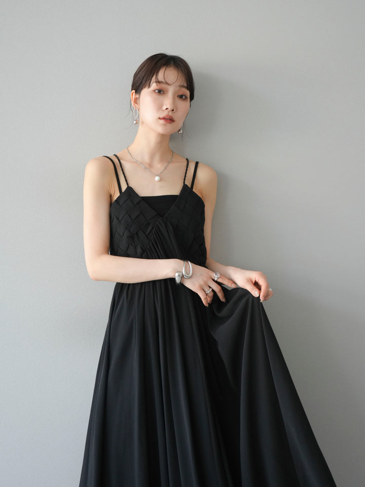 [SET]編み込みデザインシフォンワンピース+カップ付テレコリブベアキャミソール(2set)