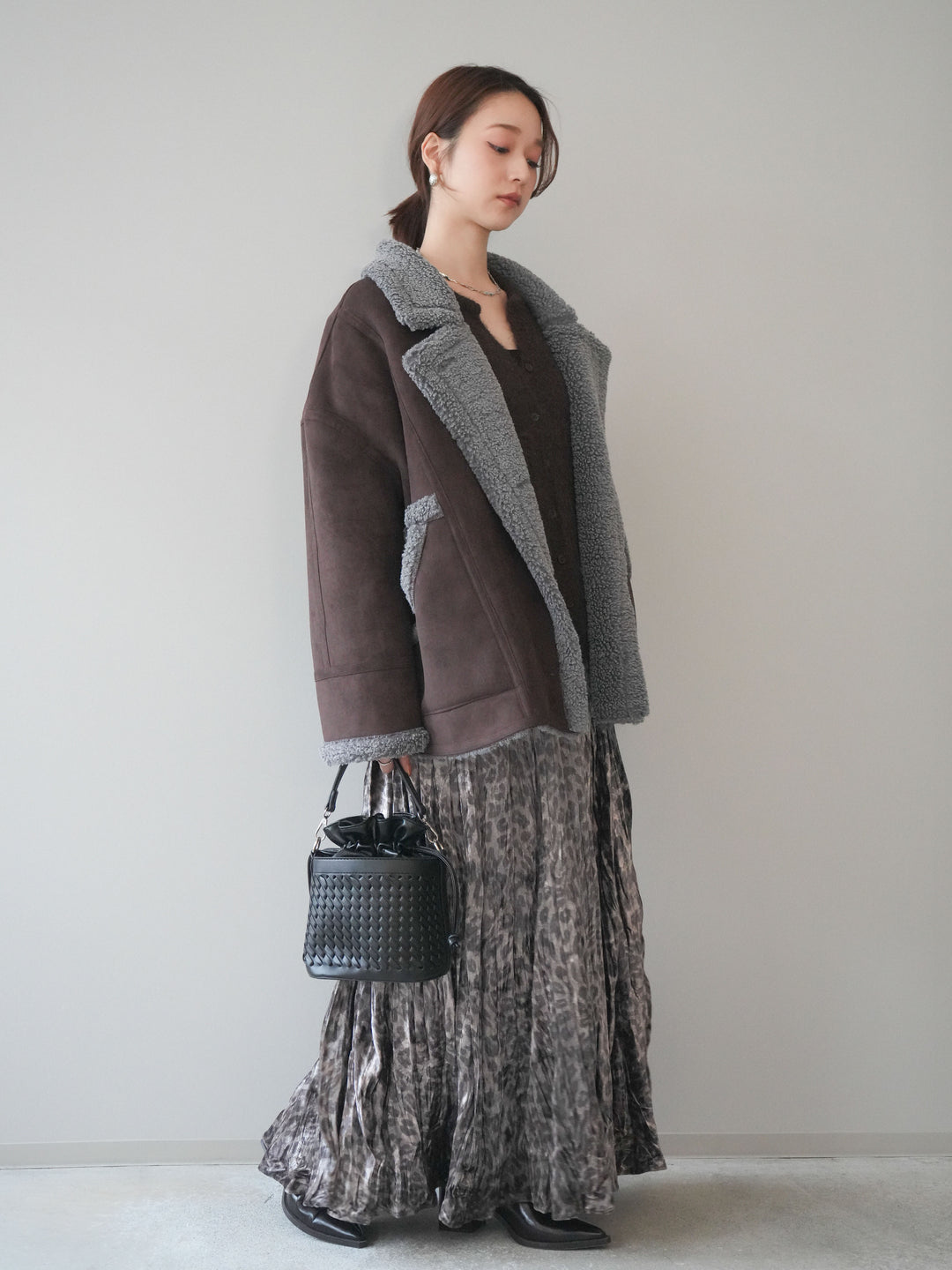 [予約]レオパードベロアワッシャーロングスカート/gray