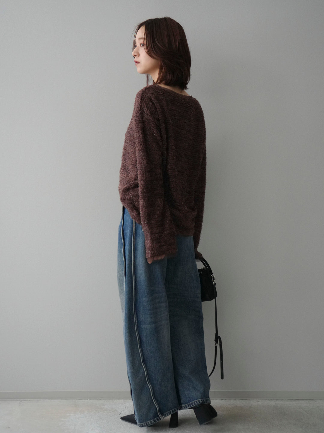 [SET]ラメシャギートップス+サイド切替カーブデニムパンツ(2set)