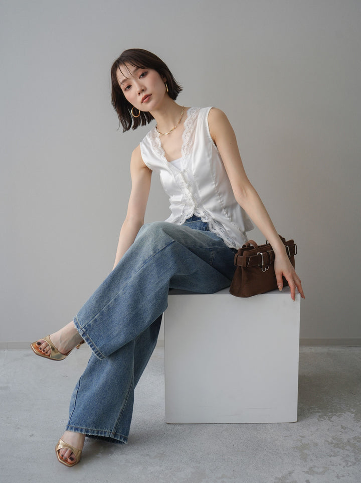 [予約]ノースリサテンレースキャミソール/white