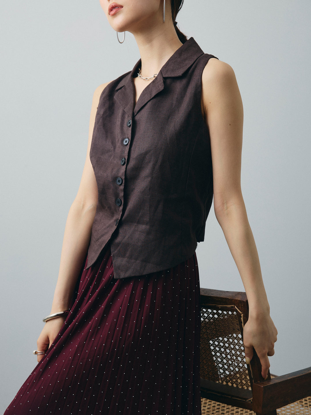 [予約]リネンライクテーラードジレ/ブラウン