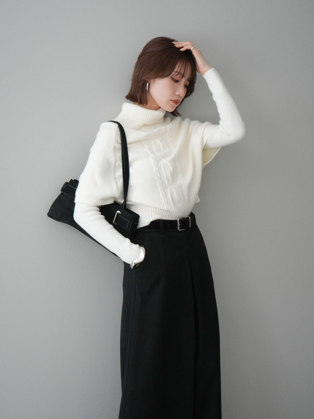 [予約]ケーブル編みタートルハーフスリーブニットアンサンブル/ivory