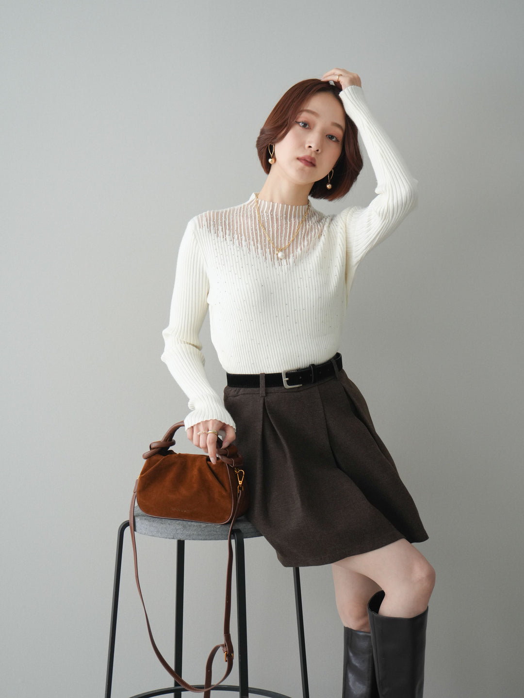 [SET]シアー切替スパンコールリブニットトップス+ベルト付きタックミニスカート(2set)