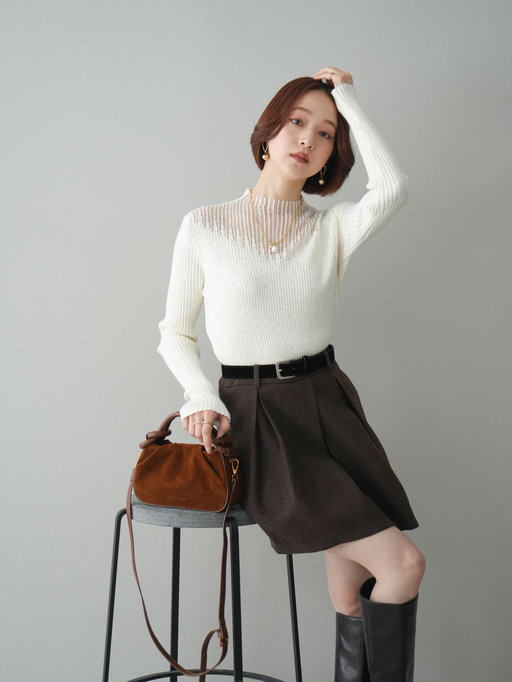 [SET]シアー切替スパンコールリブニットトップス+ベルト付きタックミニスカート(2set)