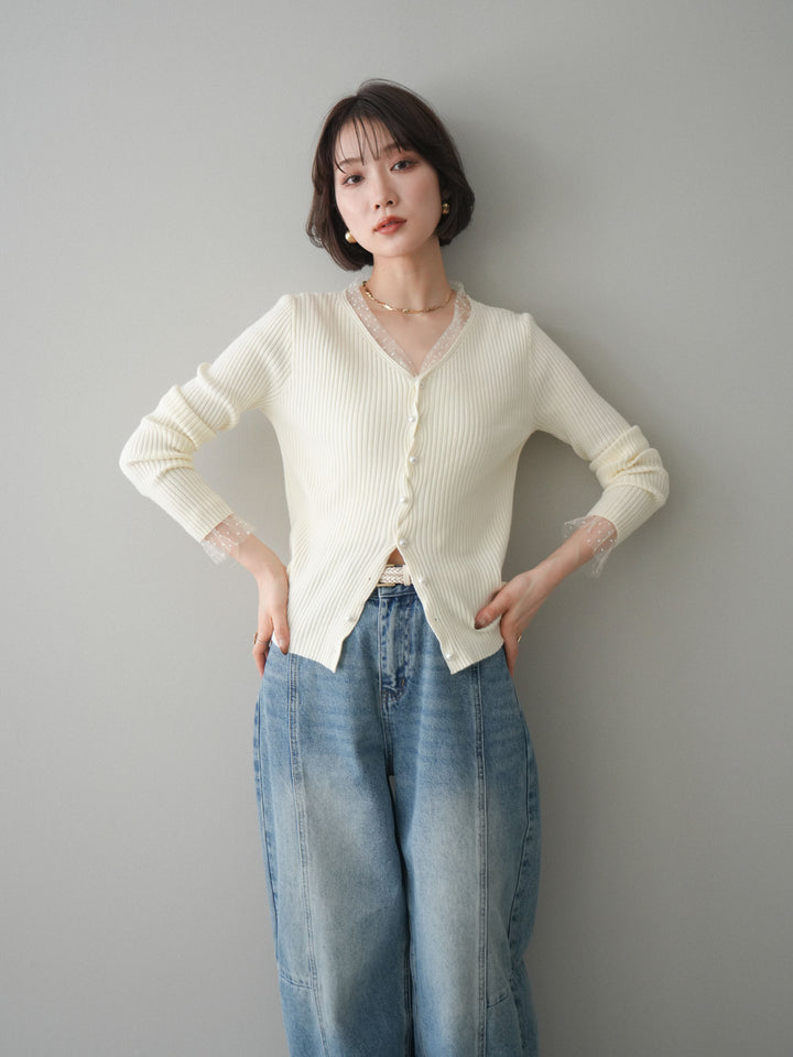 [SET]チュールドッキングパールボタンニットカーディガン+選べるアクセセット(2set)