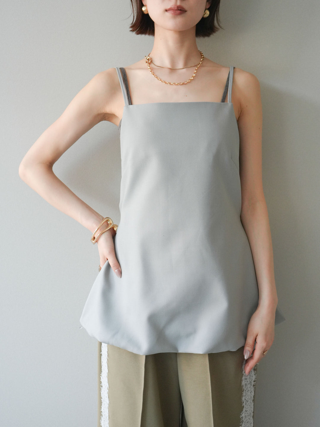 [SET]バックリボンバルーンチュニックキャミ+サイドレースポンチワイドパンツ(2set)