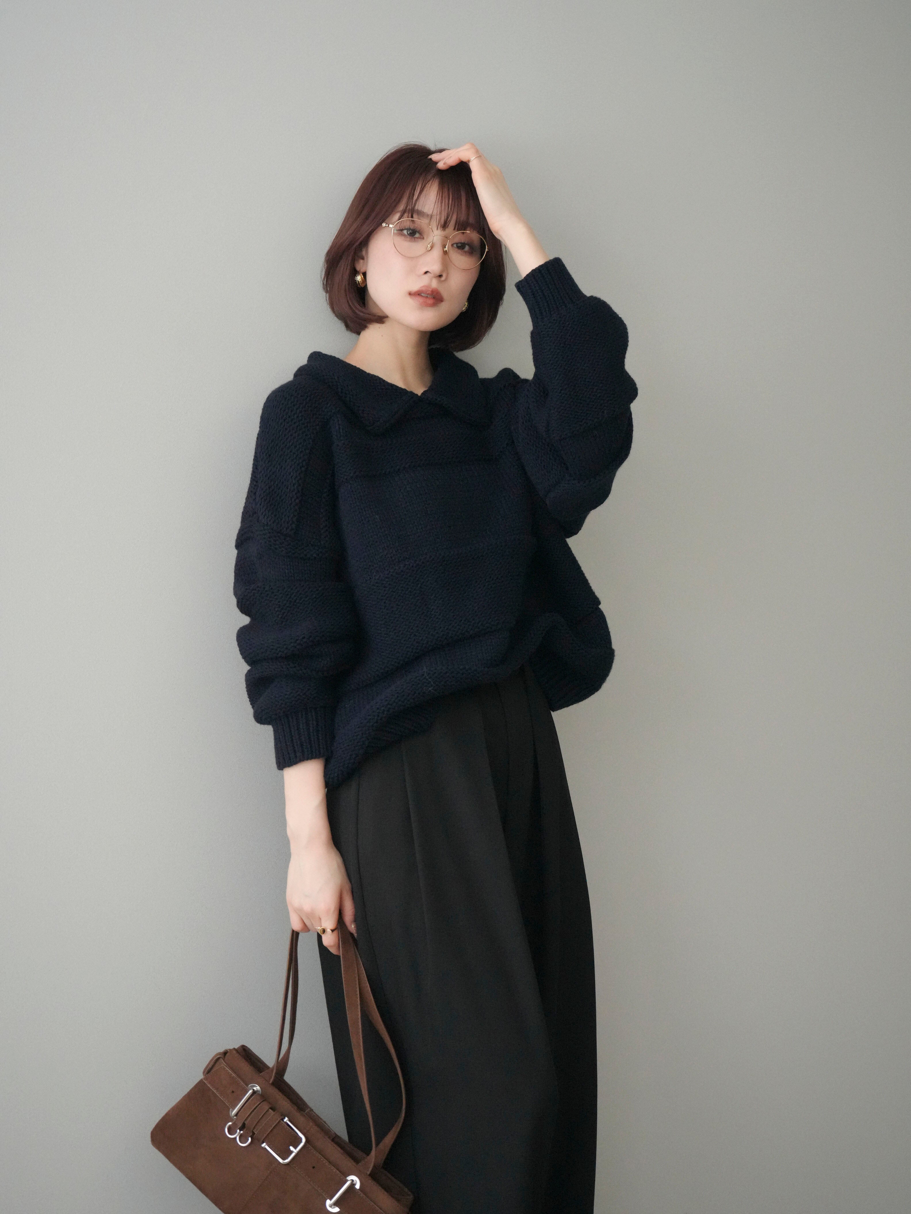 予約]襟付きボーダー編みニットプルオーバー/navy – Lumier
