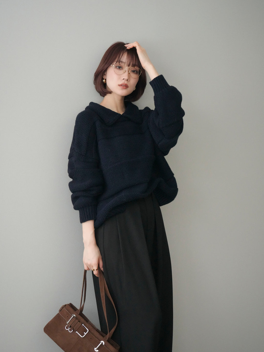 [予約]襟付きボーダー編みニットプルオーバー/navy