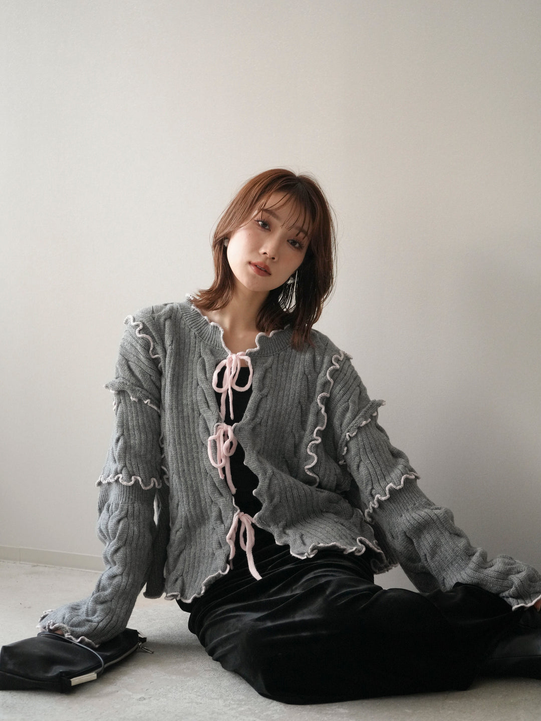 [予約]フロントリボン配色メローニットカーディガン/gray