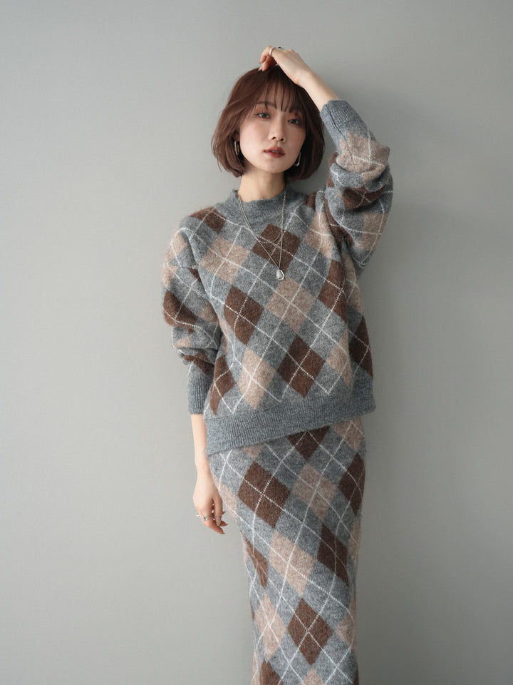 [SET]アーガイルニットプルオーバー&ロングスカートSET UP+選べるアクセセット(2set)