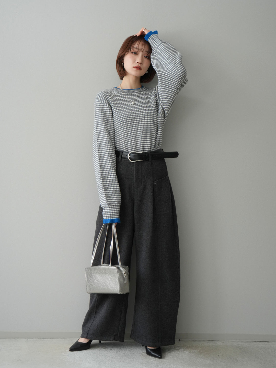 [SET]ラメ異素材ボーダーリブニットプルオーバー+ベルト付起毛コクーンパンツ(2set)