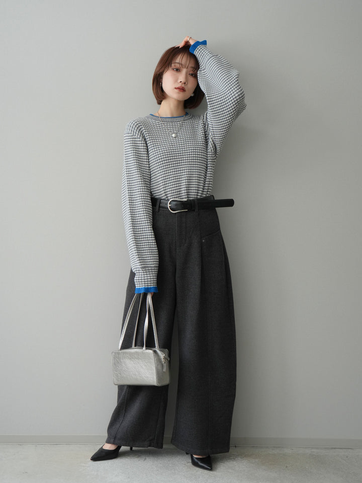 [SET]ラメ異素材ボーダーリブニットプルオーバー+ベルト付起毛コクーンパンツ(2set)