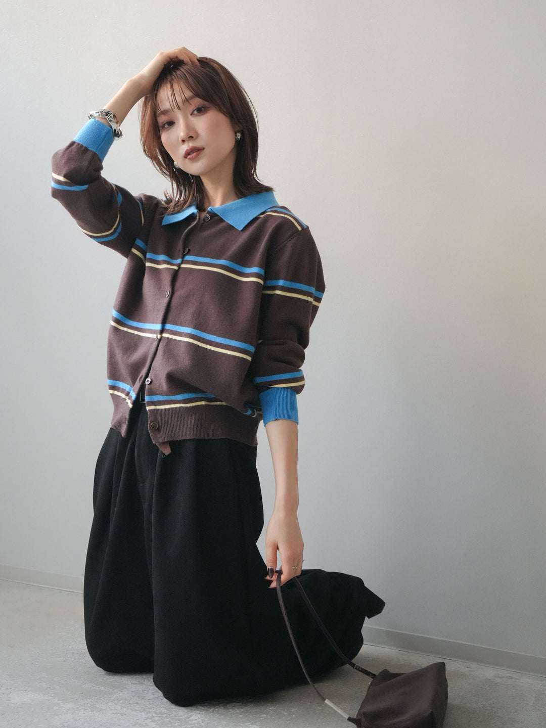 [予約]配色マルチボーダーポロニットカーディガン/brown