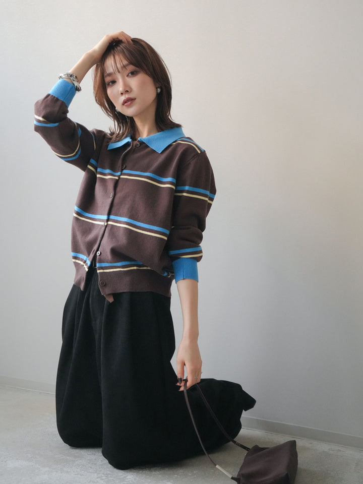 [予約]配色マルチボーダーポロニットカーディガン/brown