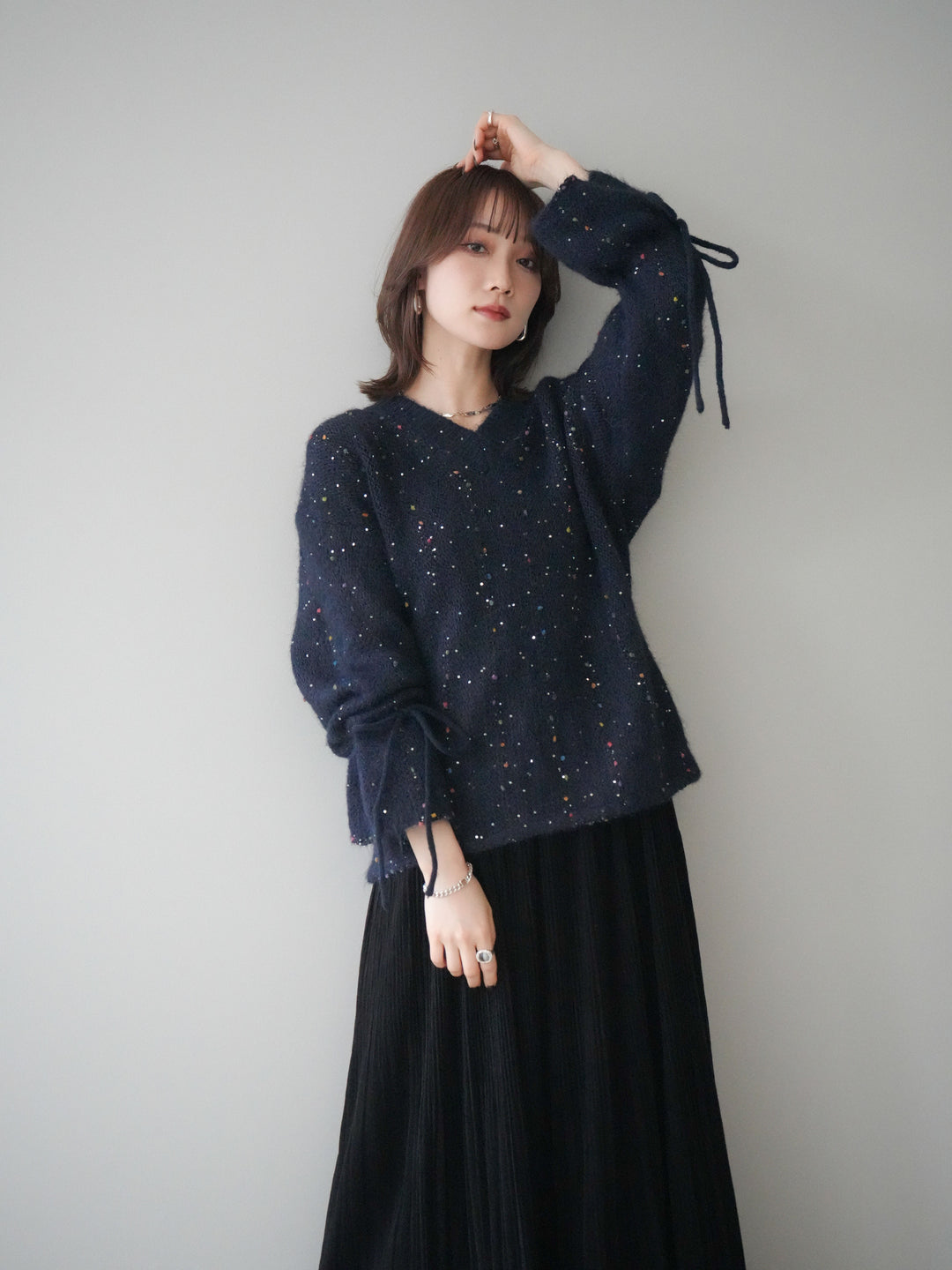 [予約]キャンディースリーブカラーネップスパンコールニットプルオーバー/navy