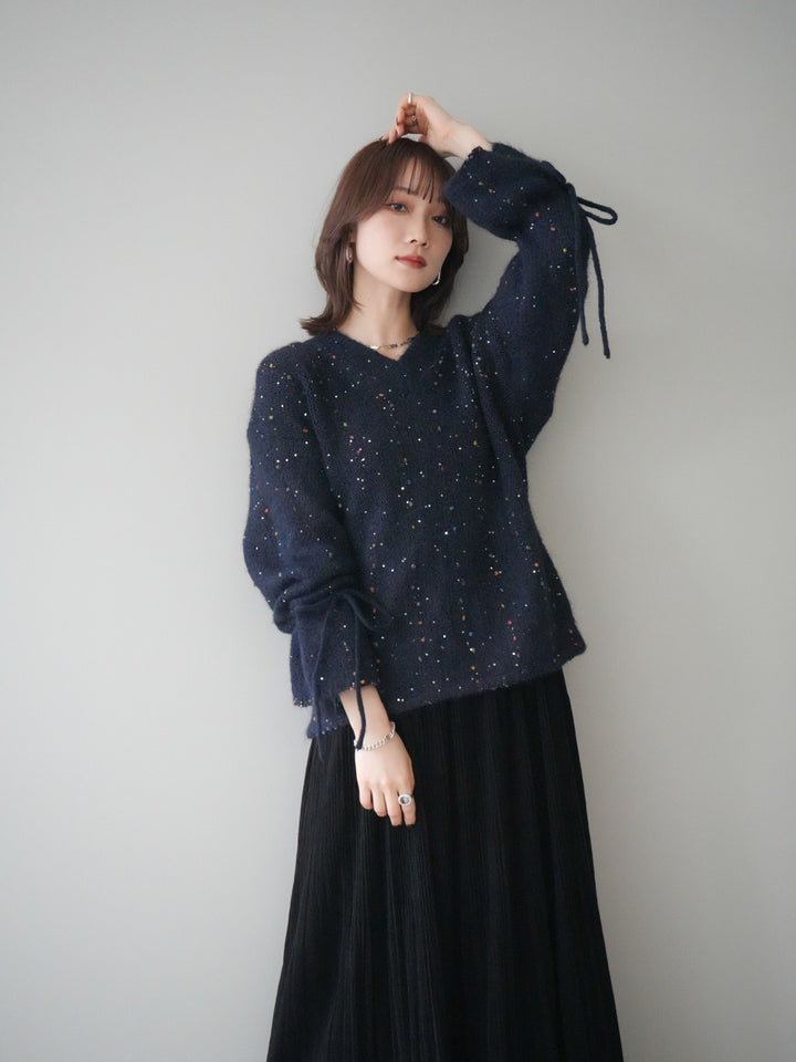 [予約]キャンディースリーブカラーネップスパンコールニットプルオーバー/navy