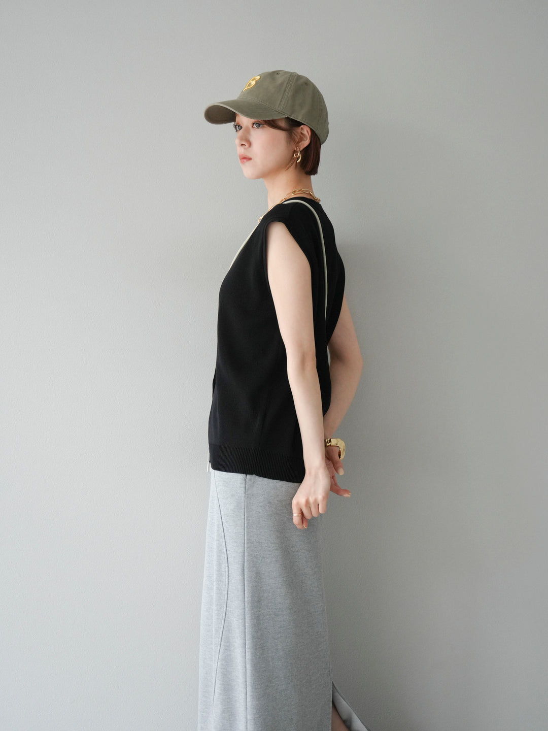 [SET]Vネックレーヨンニットベスト+スウェットロングスカート(2set)