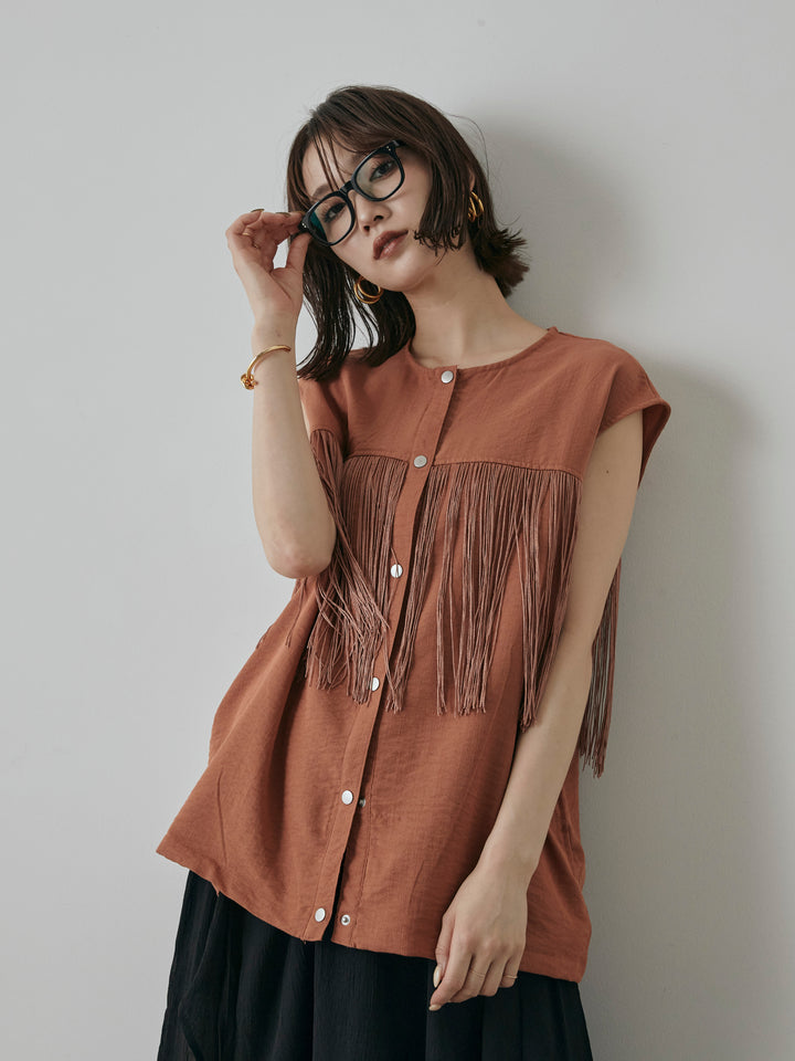 【預購】流蘇無袖上衣/摩卡色