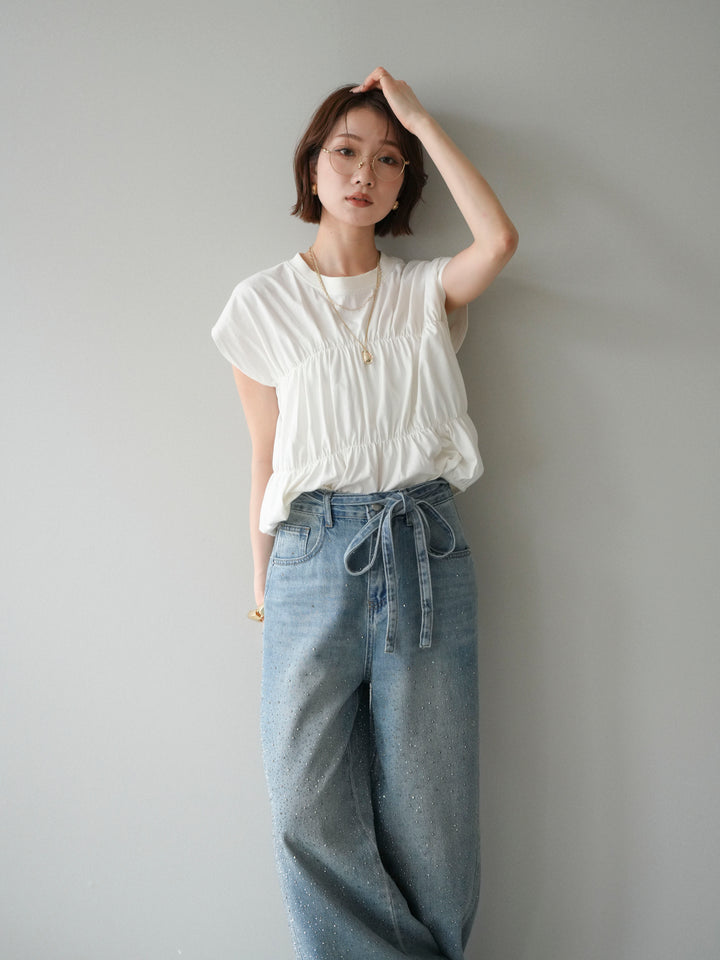 [SET]ギャザーフレンチスリーブカットソー+選べるアクセセット(2set)