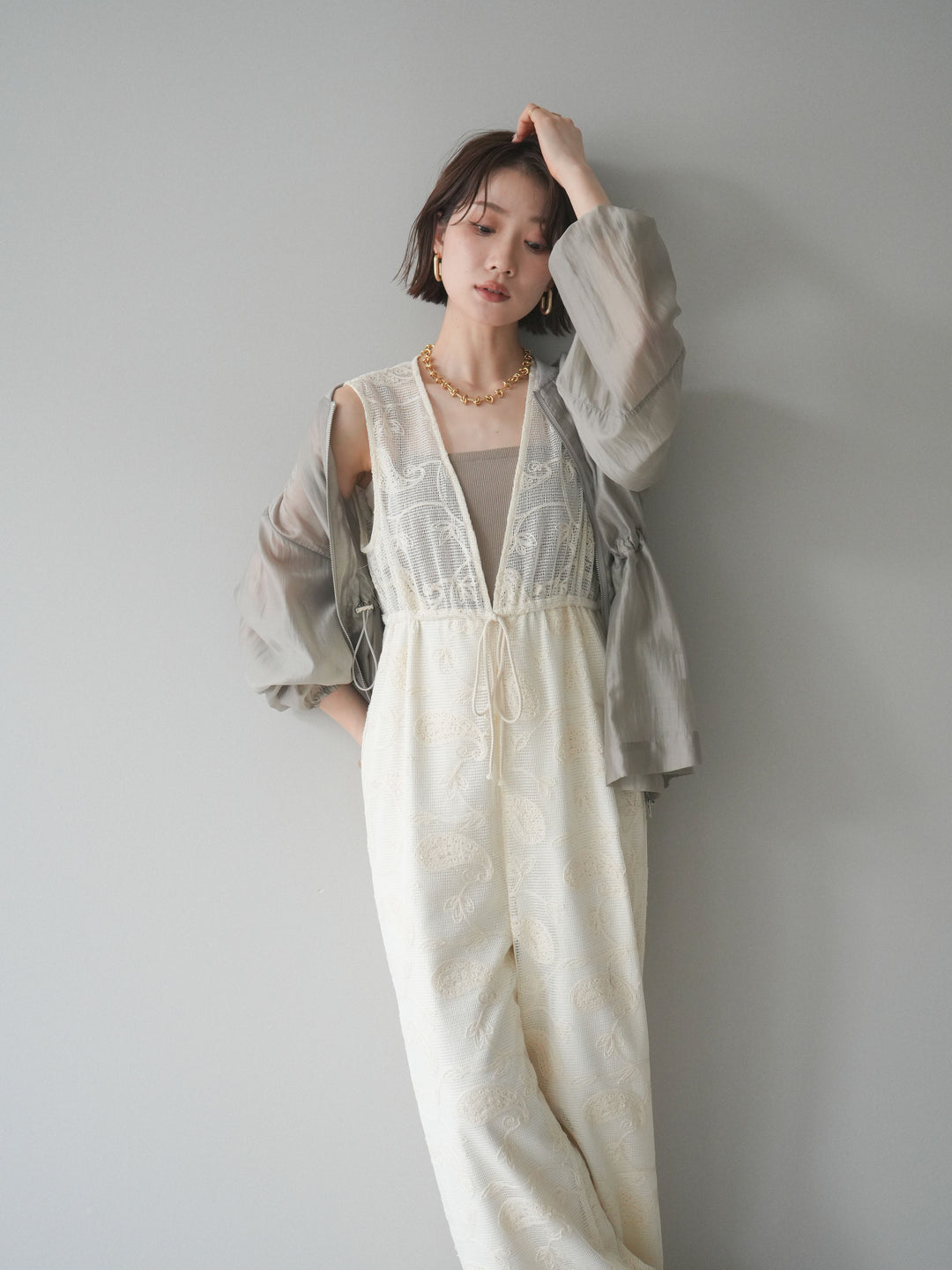 [SET]レース刺繍サロペット+ドロストシアーブルゾン(2set)