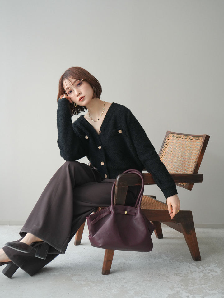 [SET]ゴールドボタンモールニットカーディガン+ベルトループデザインワイドパンツ(2set)