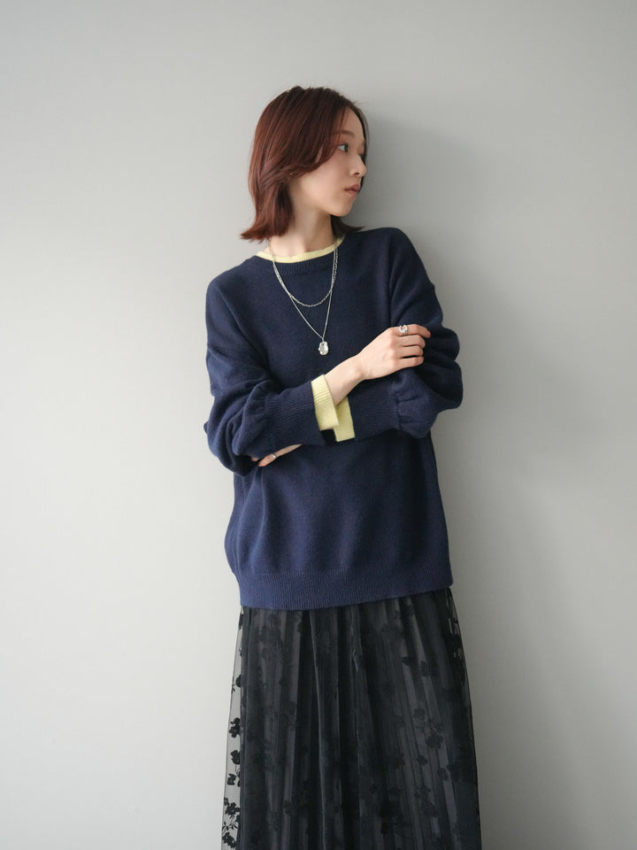 [SET]ヘンリーネック配色レイヤードニットプルオーバー+フラワーフロッキーチュールプリーツスカート(2set)