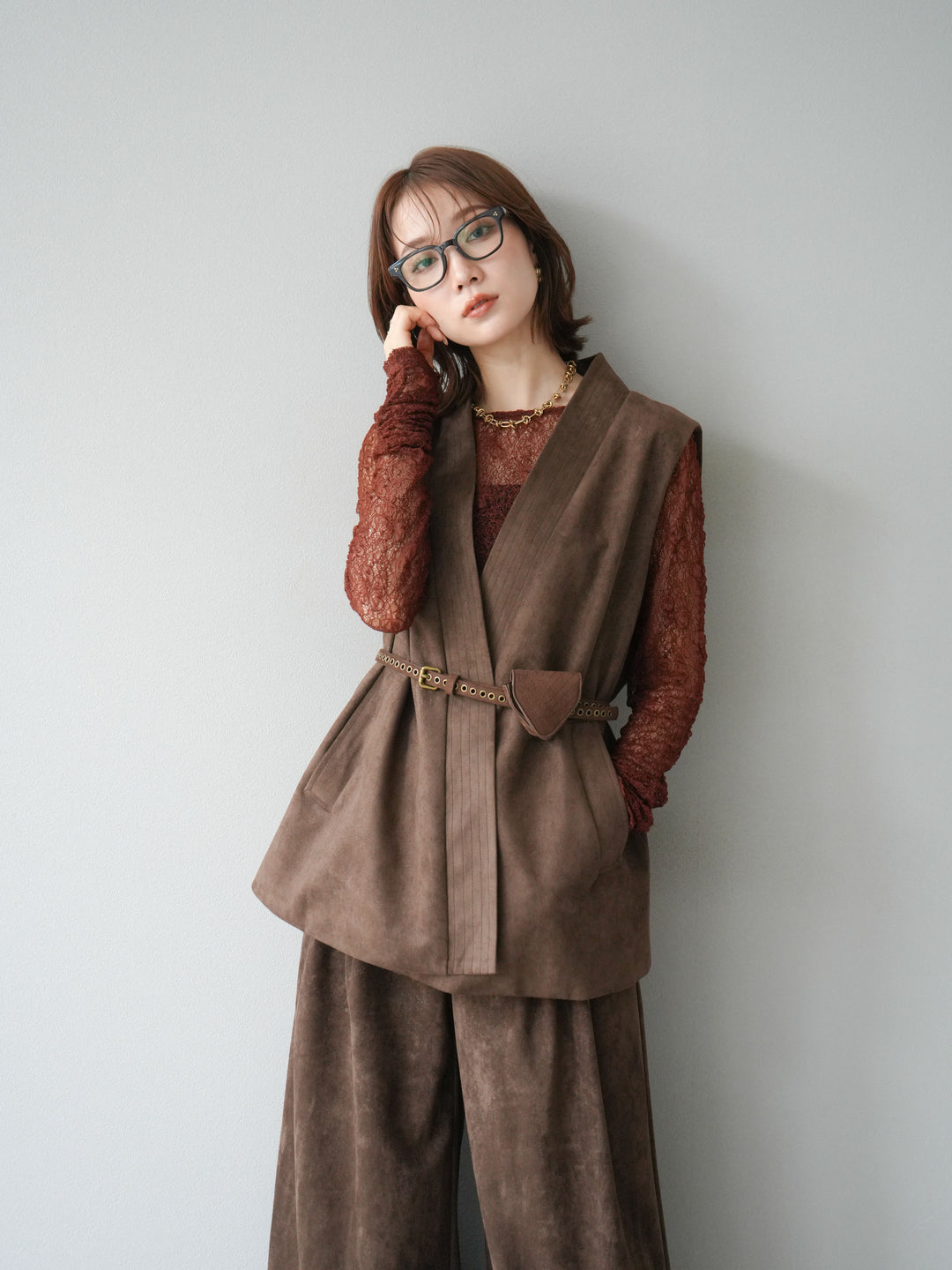 [SET]ポーチベルト付スウェードジレ×パンツSET UP(2set)