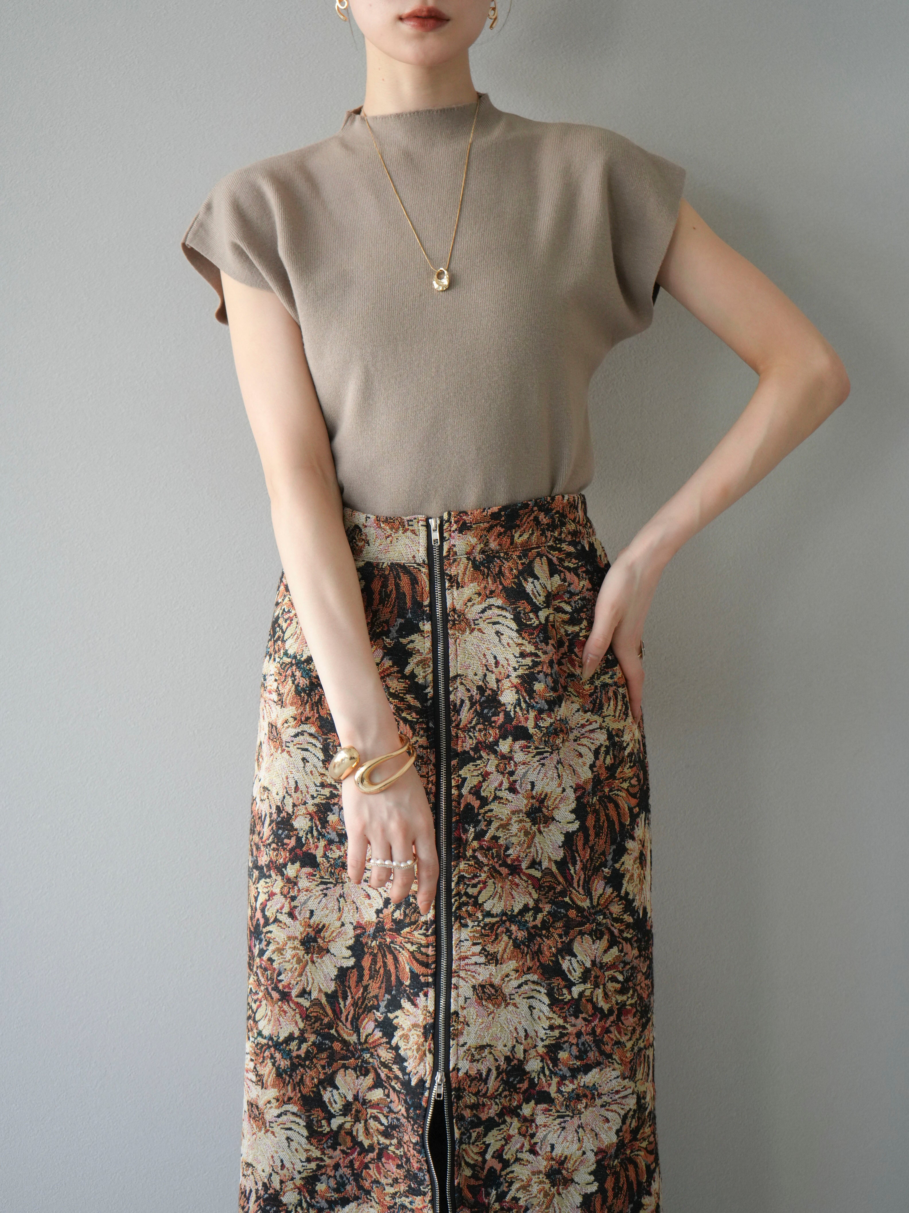 SET]プチネックフレンチニットトップス+ゴブランフロントジップタイト