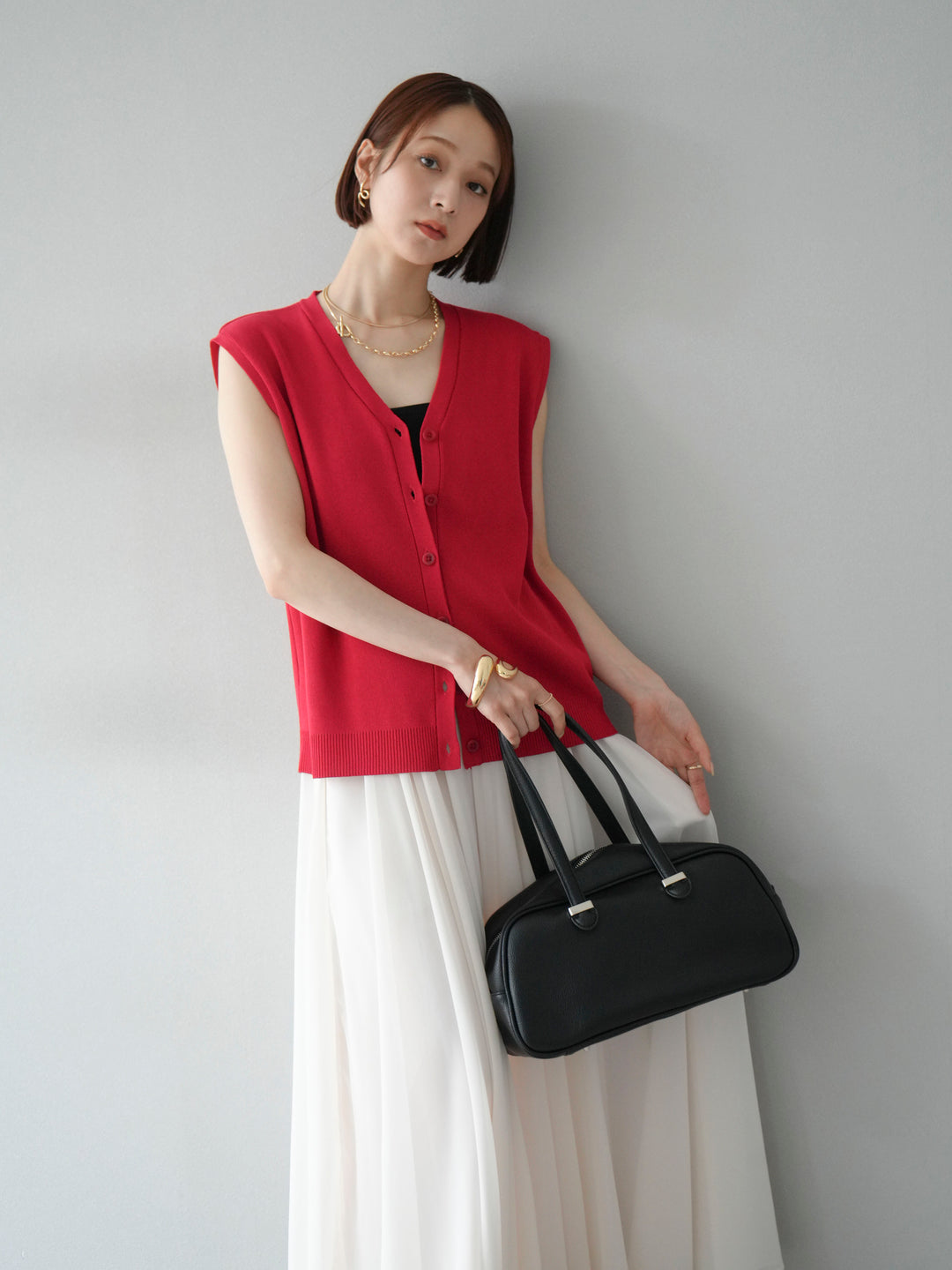 [SET] V領人造絲針織背心+雪紡喇叭裙（2件組）