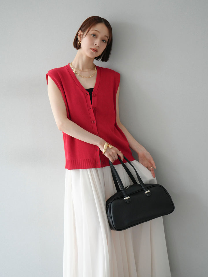 [SET] V領人造絲針織背心+雪紡喇叭裙（2件組）