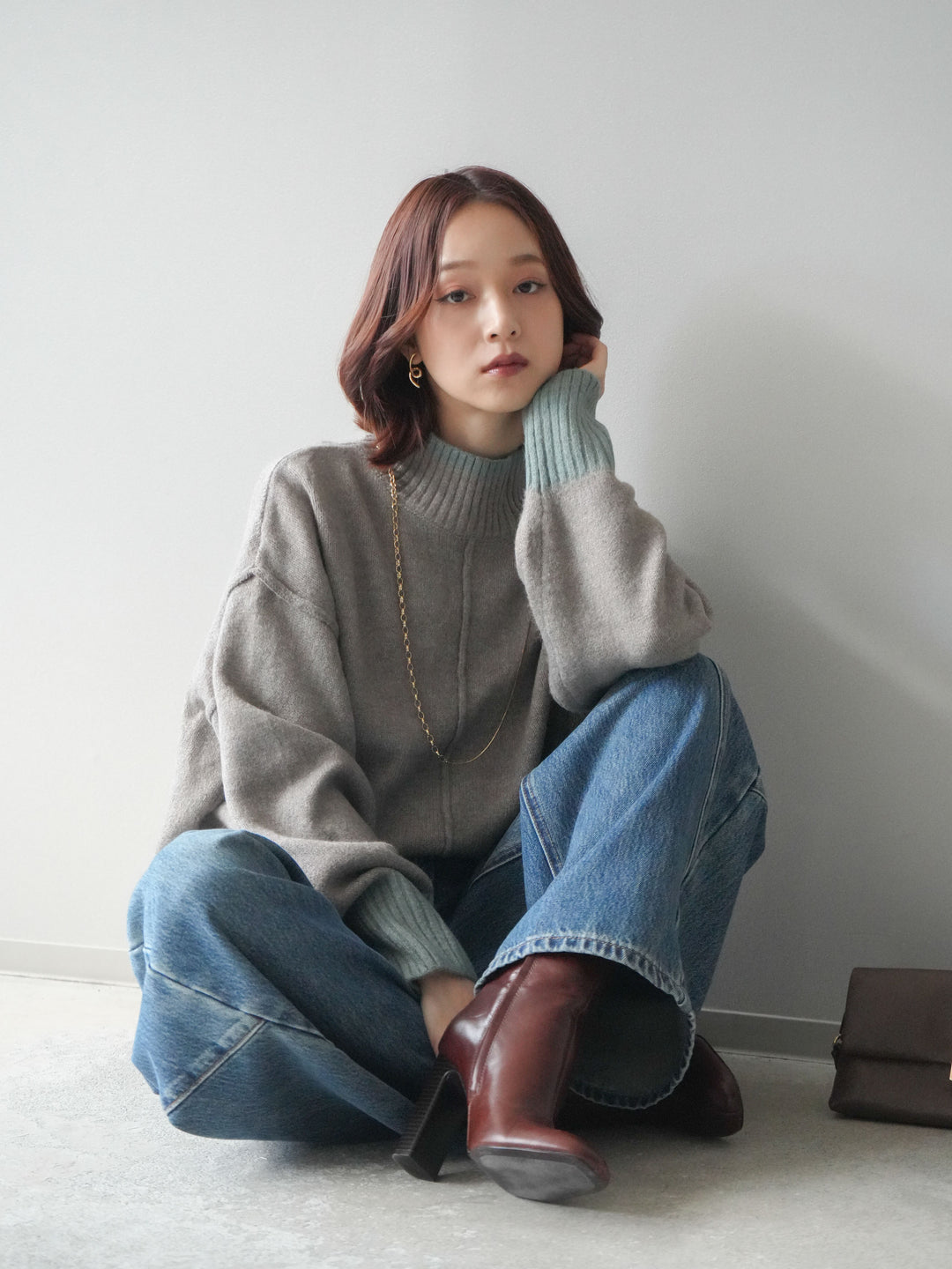 [SET]配色ハイネックニットプルオーバー+ペインターカーブデニムパンツ(2set)