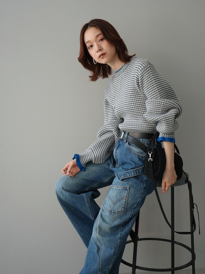 [SET]ラメ異素材ボーダーリブニットプルオーバー+ペインターカーブデニムパンツ(2set)