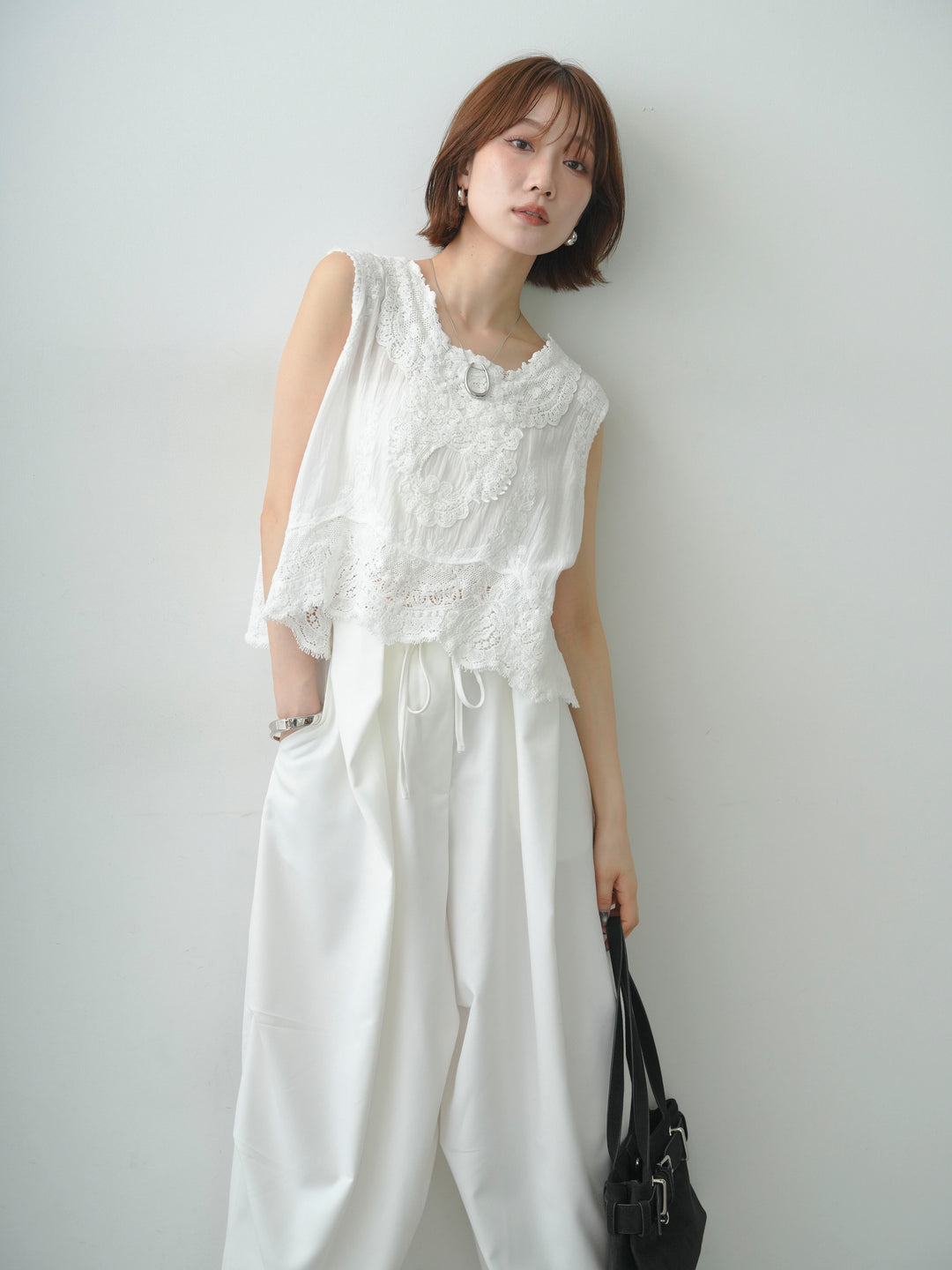 [SET]アンティークレースノースリトップス+ベルトループカーブタックワイドパンツ(2set)