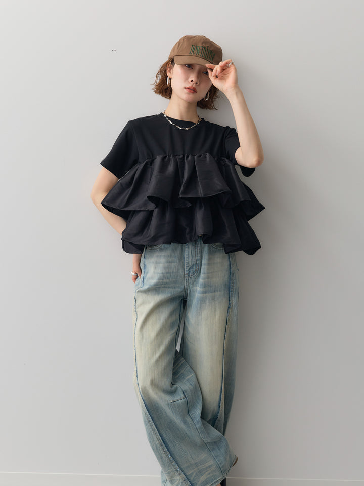 [SET]フリルティアードTEE+縦ウォッシュワイドデニムパンツ(2set)