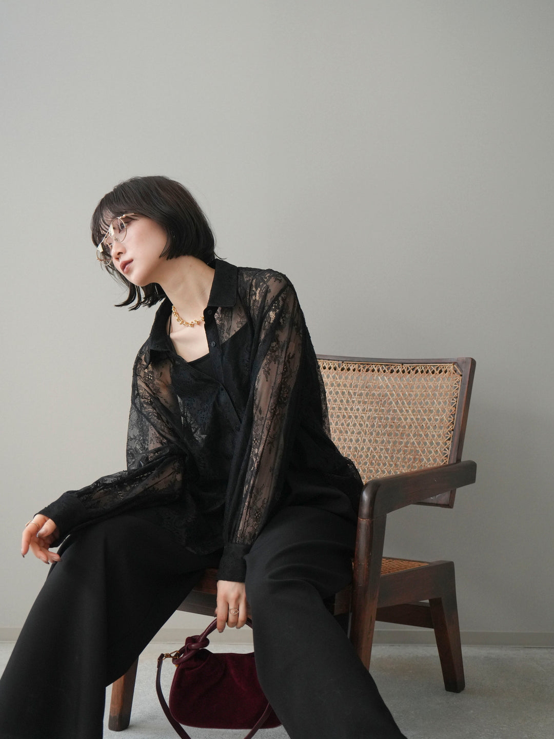 [予約]総レースボリュームスリーブシャツ/black