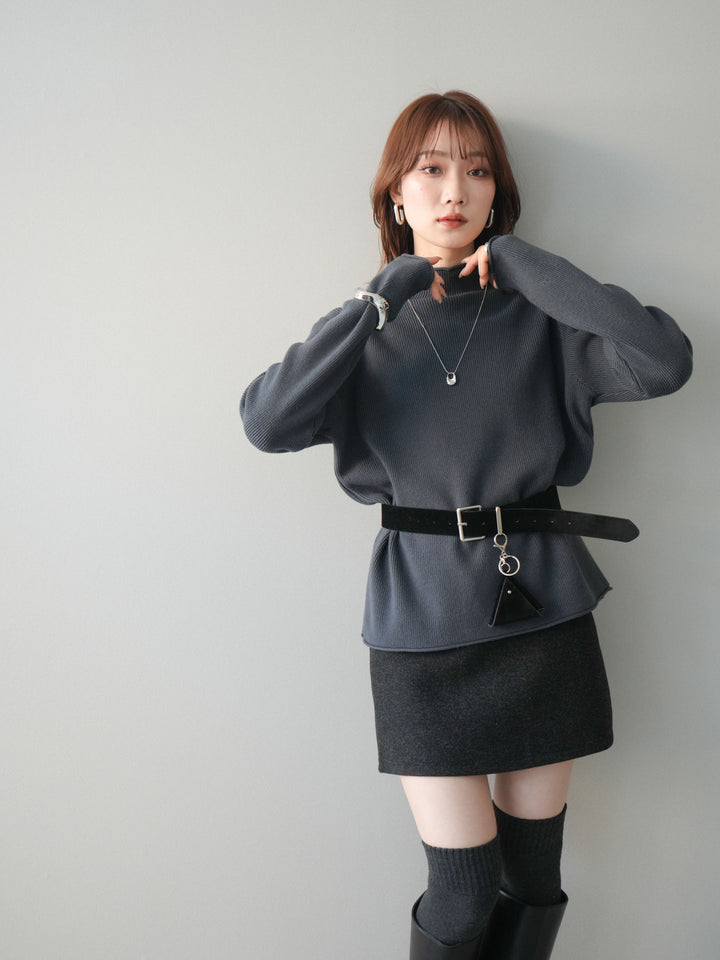 [予約]ボトルネック裾カールリブニットトップス/charcoal