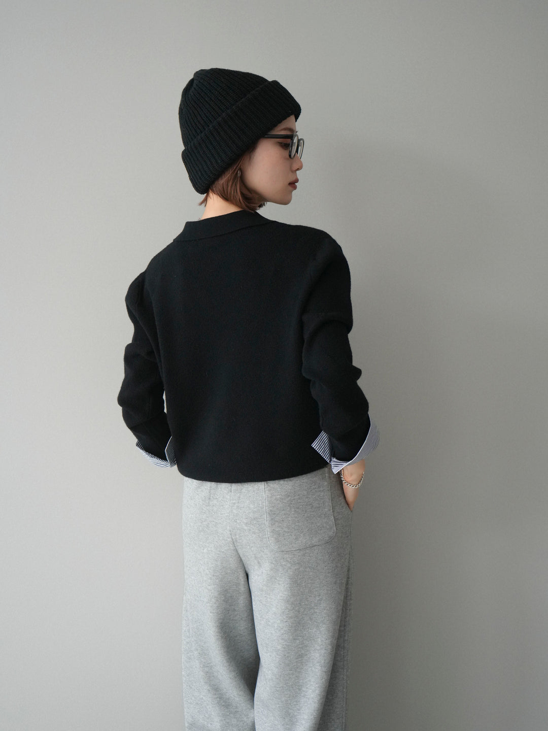 [予約]シャツレイヤードスキッパーニットプルオーバー/black