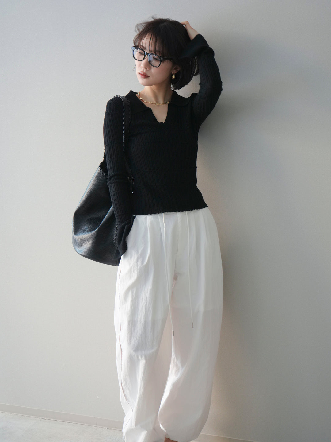 [予約]シアーリブスキッパーニットトップス/black