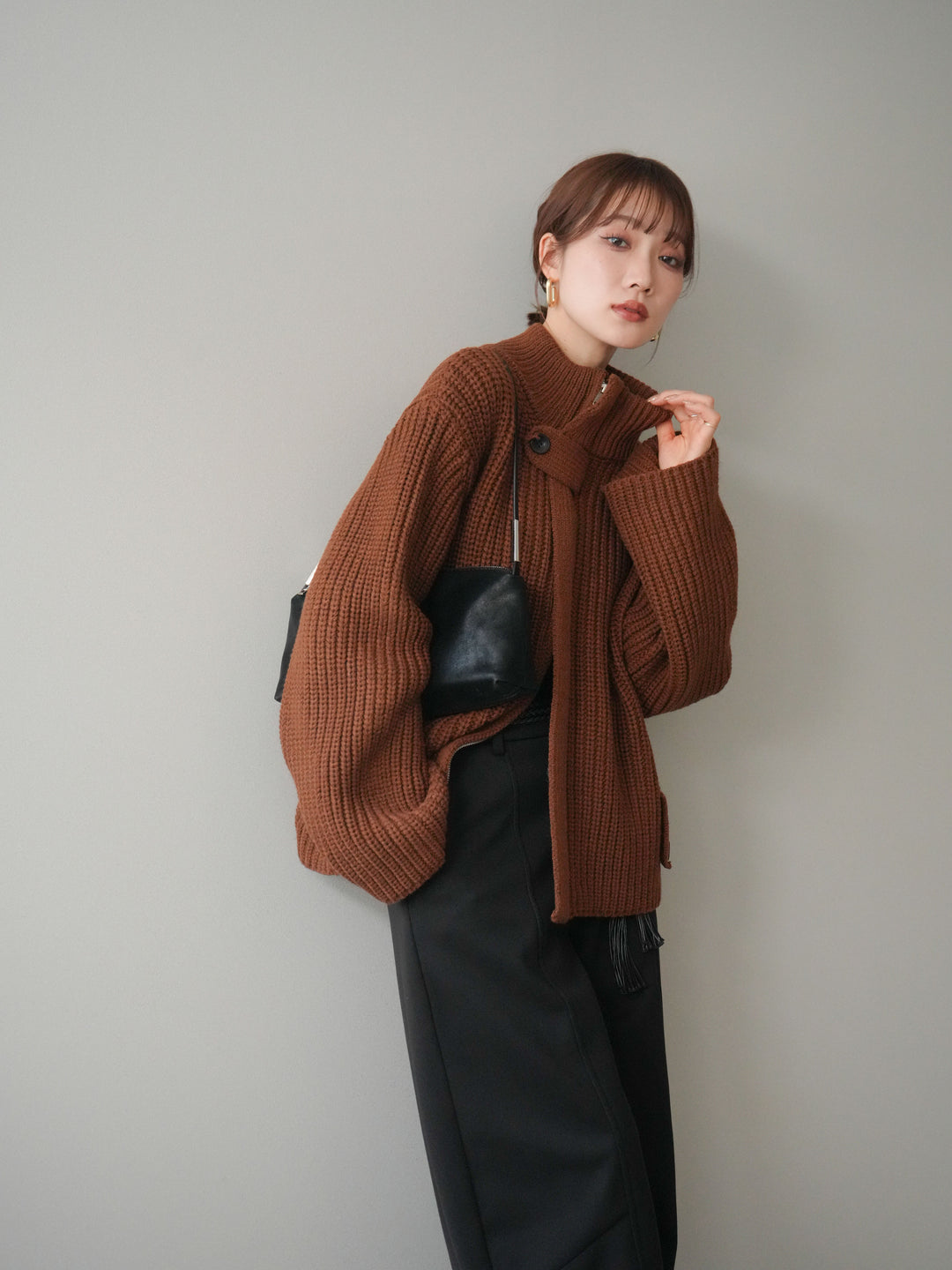 [SET]畦編みボトルネックZIPニットカーディガン+選べるアクセセット(2set)