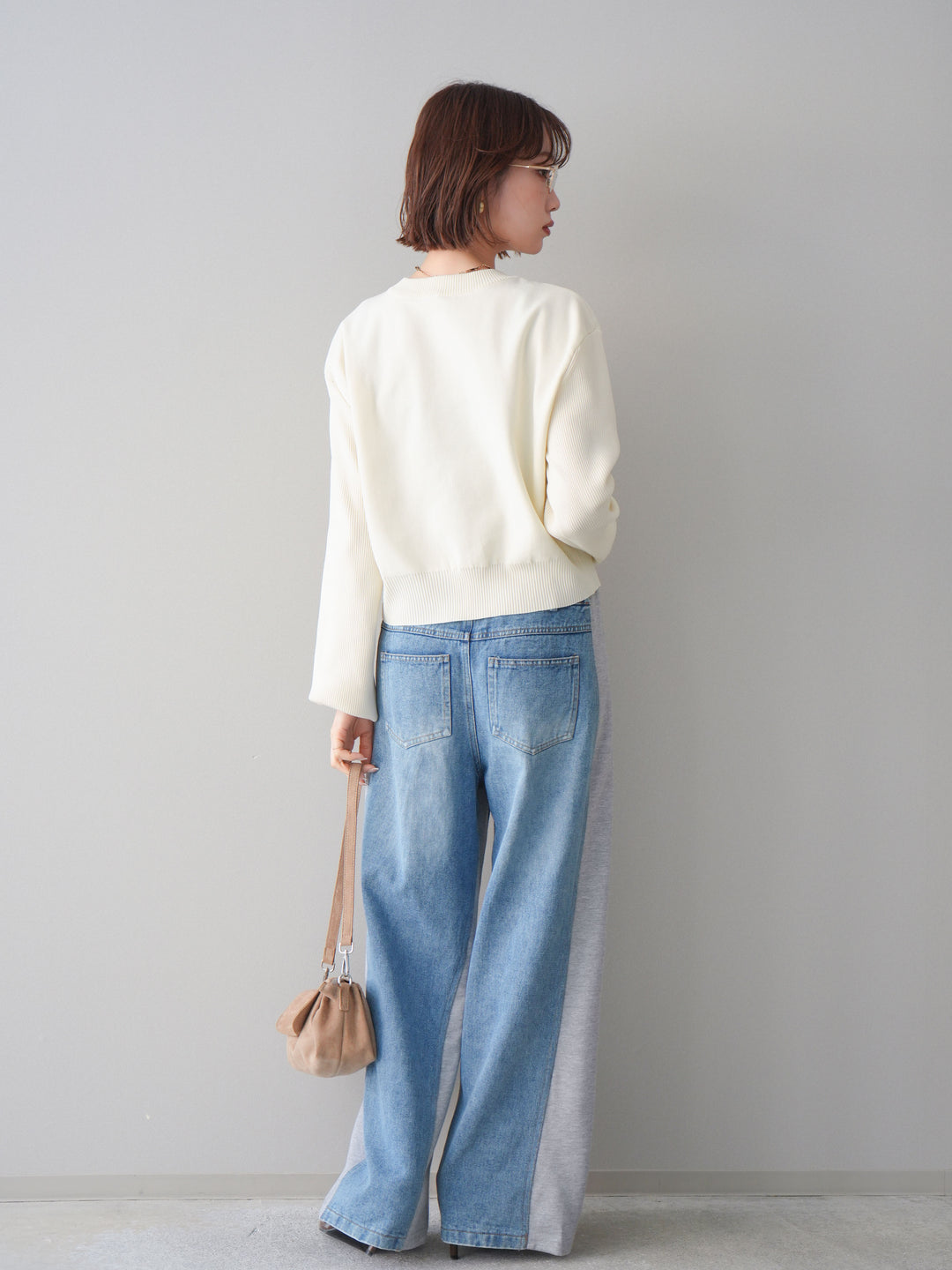 [SET]メタルボタンクルーネックニットカーディガン+デニム切替スウェットパンツ(2set)