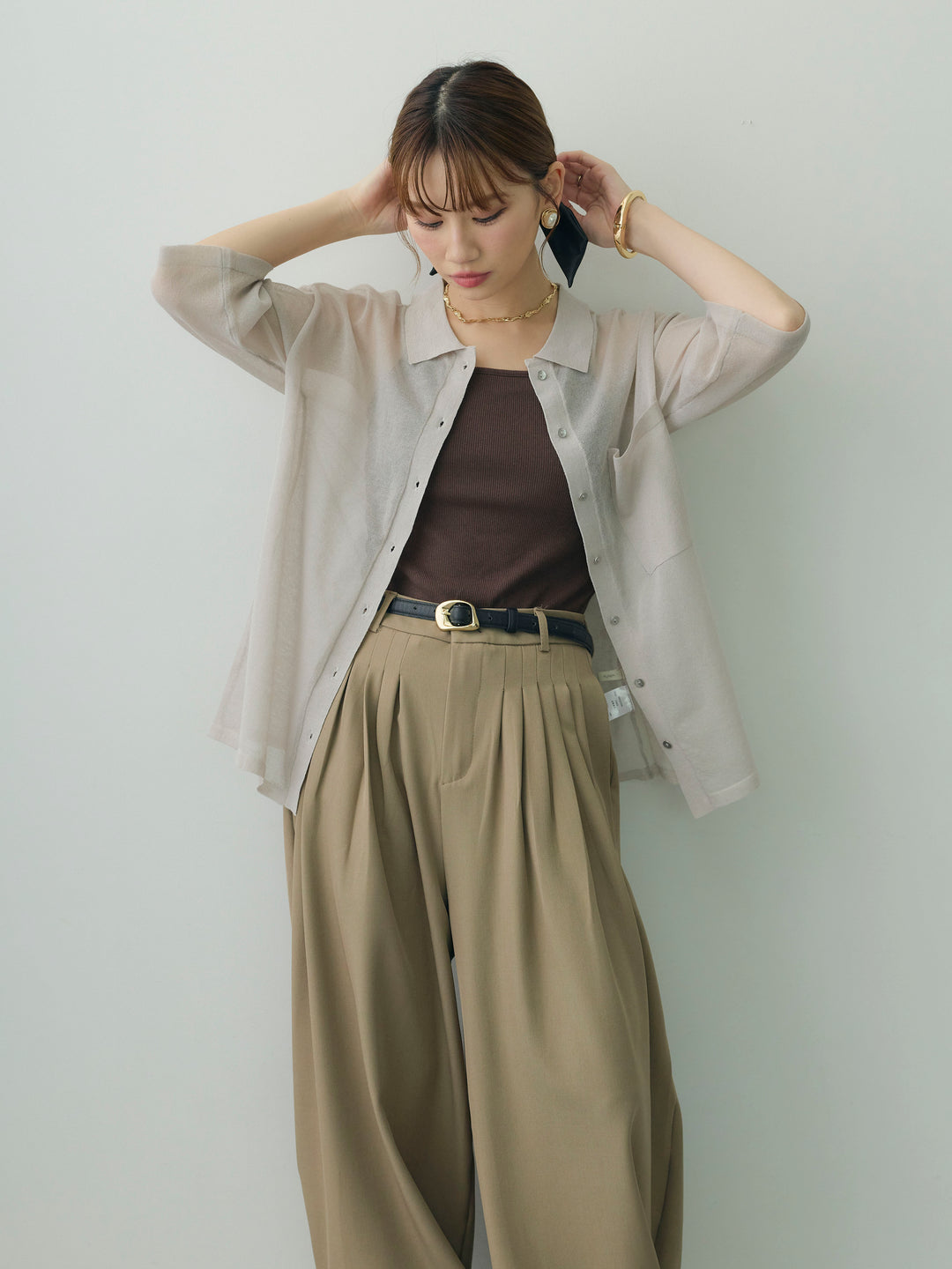 【套裝】半透明金絲針織襯衫+下擺紐扣收口繭型褲（兩件套）