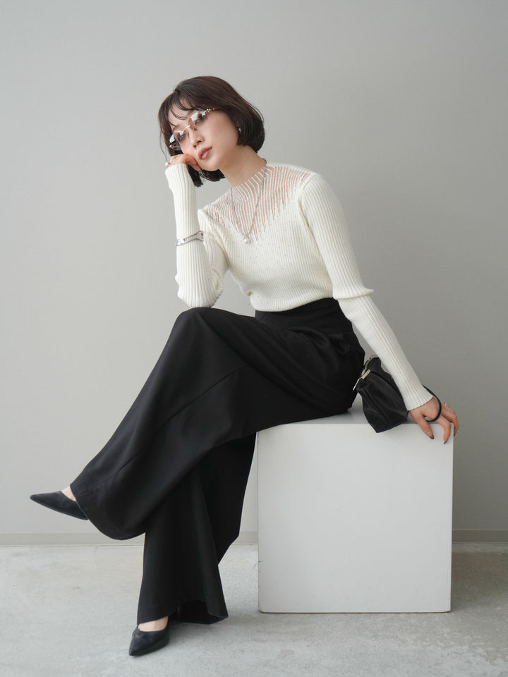 [SET]シアー切替スパンコールリブニットトップス+デザインハイウエストワイドパンツ(2set)
