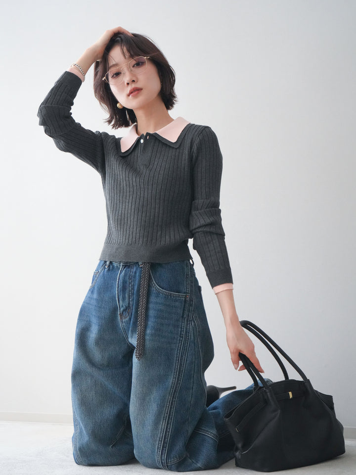 [SET]ダブル襟ポロリブニットトップス+ダブル襟ポロリブニットトップス(2set)