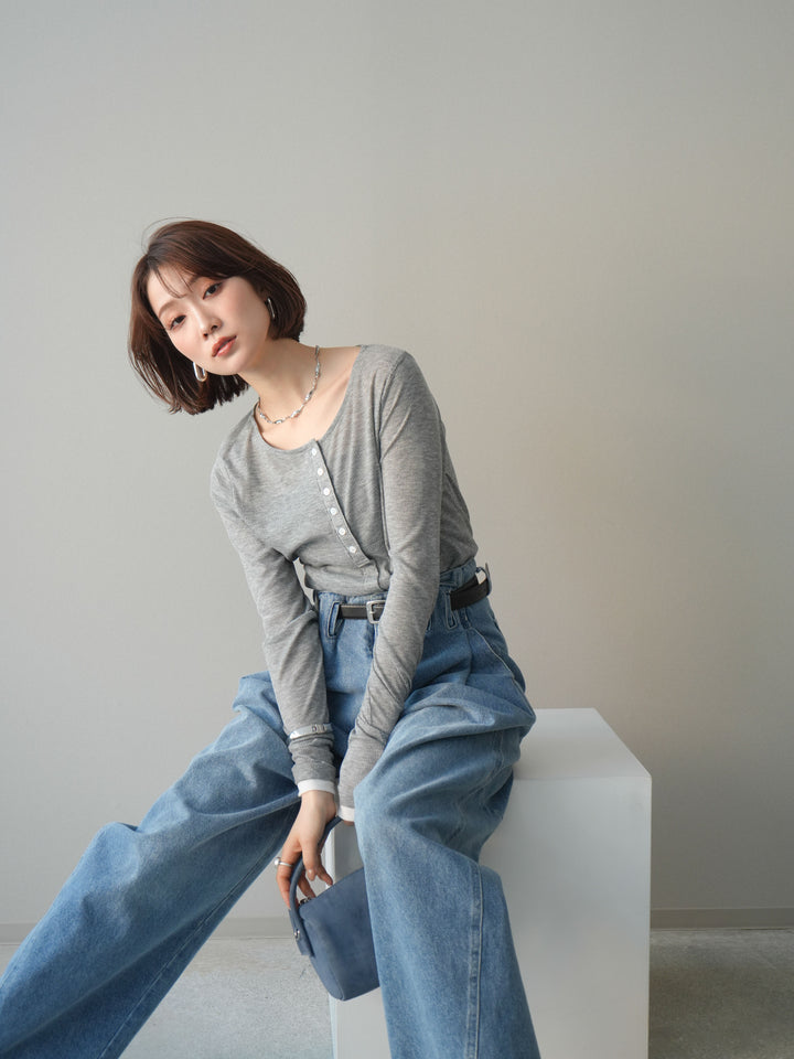 [予約]シアーリブバイカラーカーディガン/gray