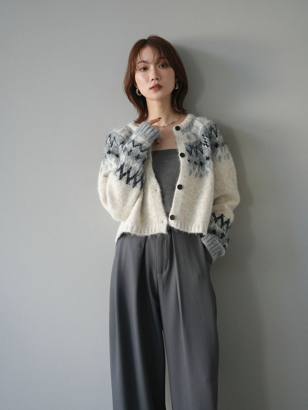 【着回しセット】[SET]求心柄クロップドニットカーディガン+ミックスヤーンペイズリー柄ニットカーディガン+ベルトループデザインワイドパンツ(3set)